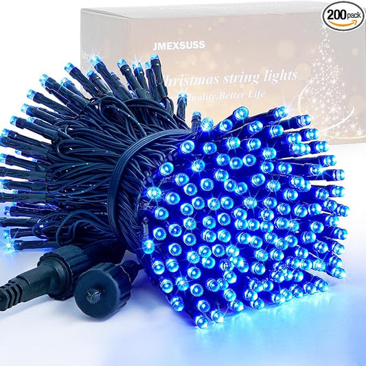 JMEXSUSS 200 LED Blue Christmas Lights Outdoor, Expandable 66ft Blue String Lights Green Wire, 8 Modes Twinkle Xmas Tree Light Plug in for Party Indoor Ceiling Beroom Patio Fence Yard Decor
