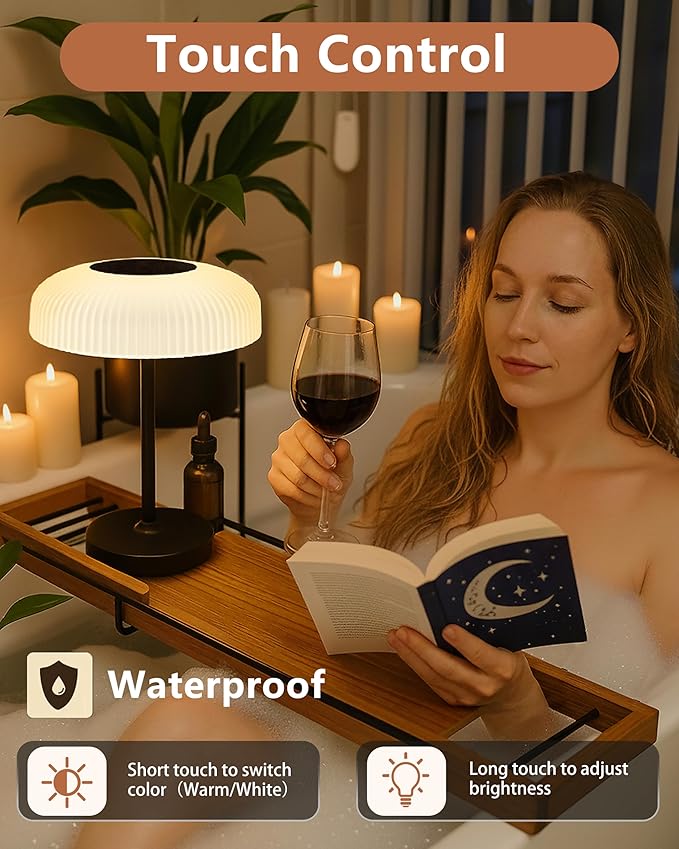 Cordless Table Lamp: Portable Rechargeable Waterproof Lamp for Shower Bathroom Kitchen Counter Outdoor Patio - Aesthetic Mushroom Design, Gifts for Women Mom, Battery Operated, USB & Solar Powered