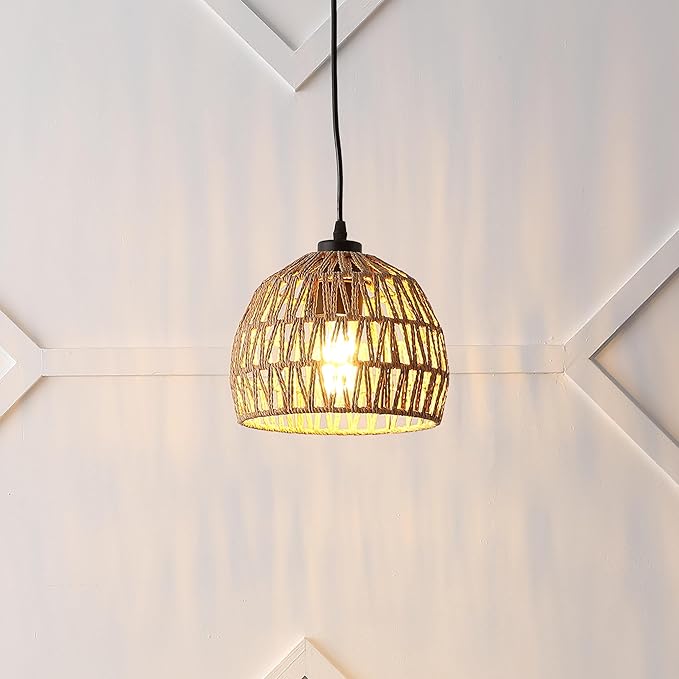 JONATHAN Y 8.25" Brown Modern Bohemian Woven Rope LED Pendant Light Fixture, Adjustable Dome Ceiling Lamp for Kitchen Island, Rope Shade, Coastal Farmhouse Decor (JYL6512E)