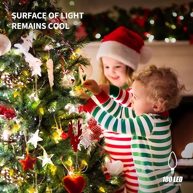 WATERGLIDE C6 Christmas Lights, 33ft 100 LED Faceted String Lights Green Wire Fairy Lights with 29V Safe Adaptor, 8 Lighting Mode, Waterproof for Indoor Outdoor Patio Xmas Tree Party Decor, Yellow