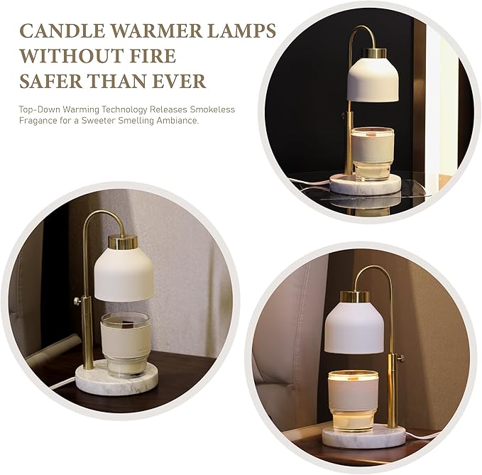 Candle Warmer Lamp, with 2 Bulbs,Timer & Dimmer,Compatible with Large Yankee Candle Jars,3 Wick Candles,Height Adjustable Electric Top Melter,110-120v, (White Marble)