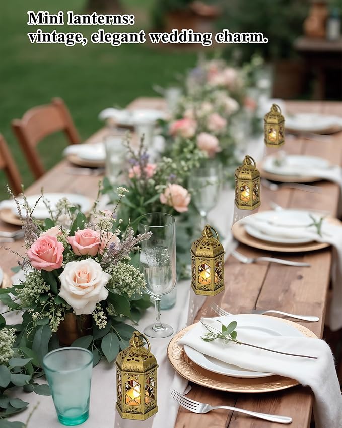 8-Pack Mini Lanterns with Flickering LED Candles for Ramadan, Small Decorative Hanging Lanterns for Halloween, Christmas, Wedding, Gold Lantern for Table Centerpiece, Garden Party Decor