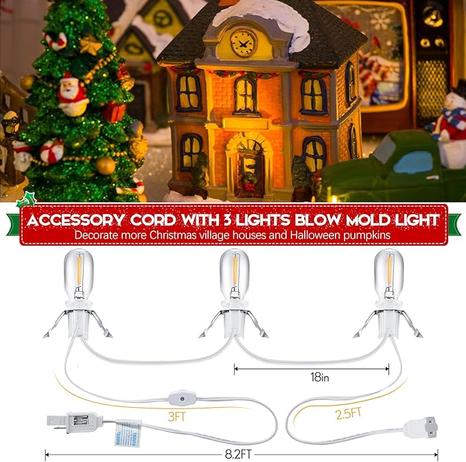 Meonum Accessory Cord with 3 LED Bulbs, 8.2 Ft Christmas Village Light with 2 Fuses, End to End Connected Blow Mold for Christmas Village Craft, Holiday Ceramic Trees