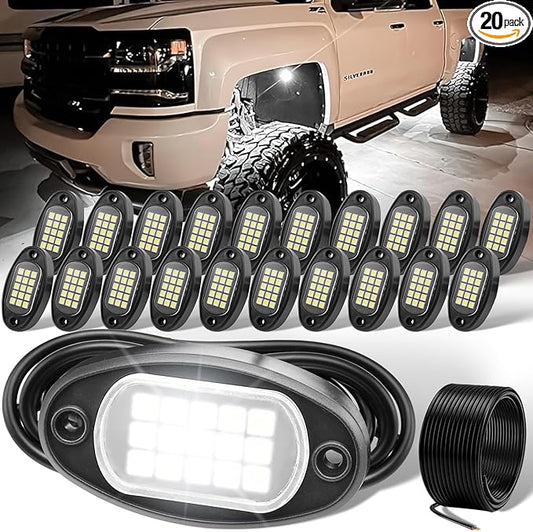 YONEDA 20 Pods White Rock Lights 6000K Ultra Bright LED Neon Underglow Lights IP68 Waterproof for Trucks SUV UTV ATV RZR Car Boats Pickup Motorcycle with 39.37ft Extension Wire