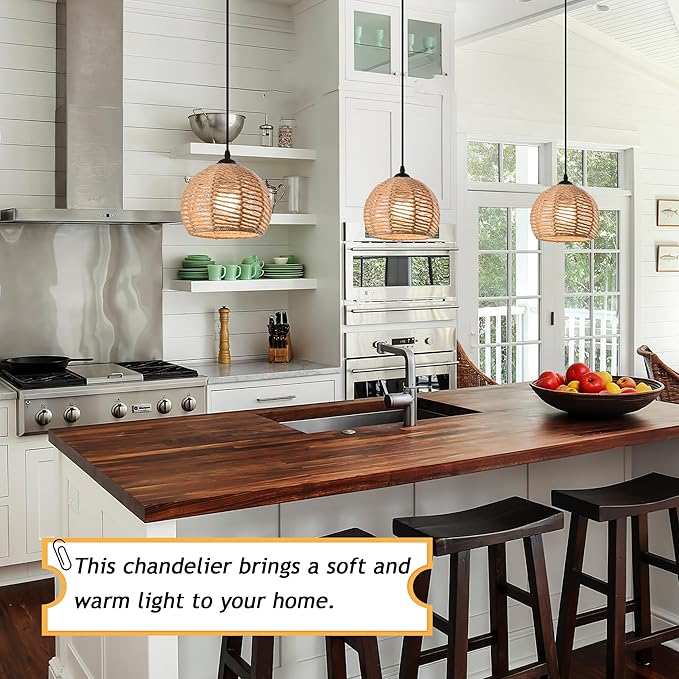 3 Pack Woven Pendant Light Boho Chandelier Dome Rustic Farmhouse Chandelier Hemp Rope Lights Rattan Light Fixture for Dining Room Living Room Bedroom Kitchen (Warm White Bulbs Incl.)