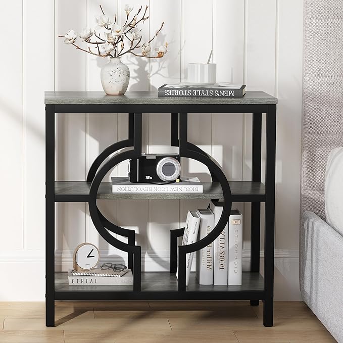 End Table, Narrow Side Table with 3-Tier Storage Shelves, Wood Sofa Side Table with Geometric Metal Frame for Living Room, Industrial Bedside Nightstand for Bedroom (1, Rustic Gray)