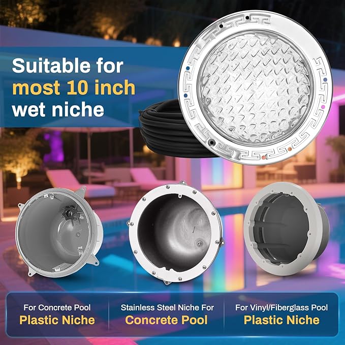 CAtArt 10 Inch Pool Lights for Inground Pool, 12V DC Color Changing LED Pool Light 300W Equivalent, 3-Way Control (Remote/Controller/APP), Fits Large 10-Inch Wet Niches, 50FT Cord
