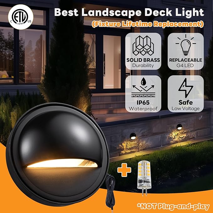 Gardenreet Low Voltage LED Deck Lights - Solid Brass Landscape Step Lights, Outdoor 12V Hardwired IP65 Waterproof, Black Round for Stair Patio Wall Yard with 4000K Neutral White G4 Bulb 4 Pack
