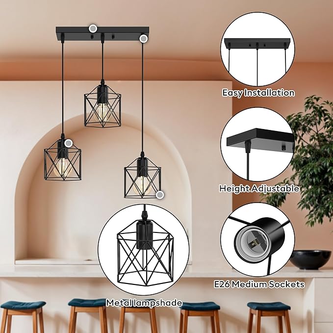 3 Light Pendant Lighting, Farmhouse Hanging Light Fixture for Kitchen Island & Dining Room, Industrial Vintage Ceiling Lamp with E26 Base, Adjustable Height, Matte Black