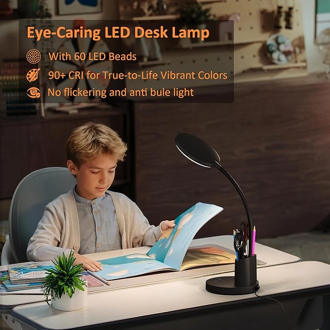 Desk Lamp, LED Desk Lamp for Home Office, Touch Table Lamp with 3 Color Modes 360° Adjustable Arm, Dimmable Desk Light with Pen Phone Holder, Black