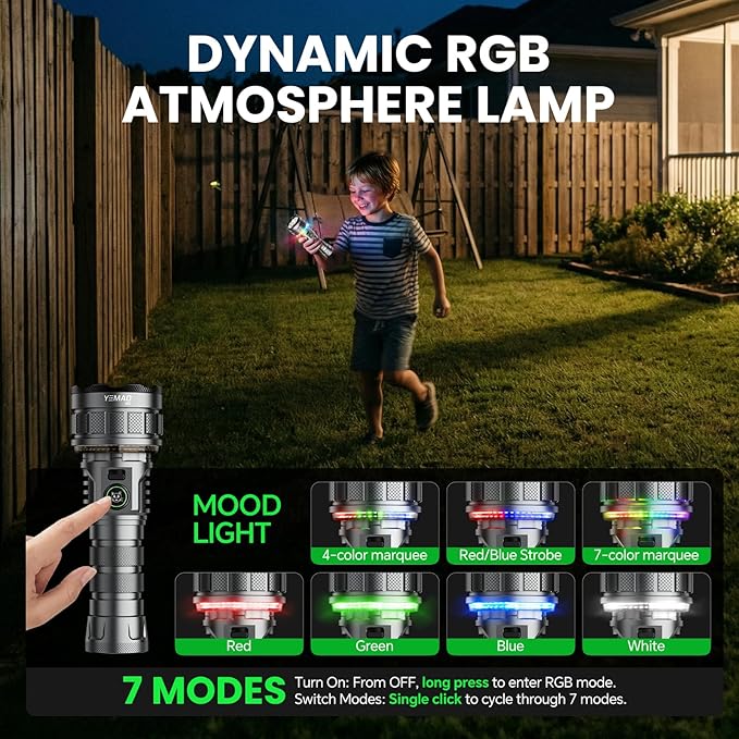 7200 High Lumen Super Bright Rechargeable Flashlight 19 Modes,5000mAh Led RGB Ambient Marquee Flashlight with Memory,High Powered Tactical Flashlight with Camp Light for Home Mergency and Ourdoor Uses