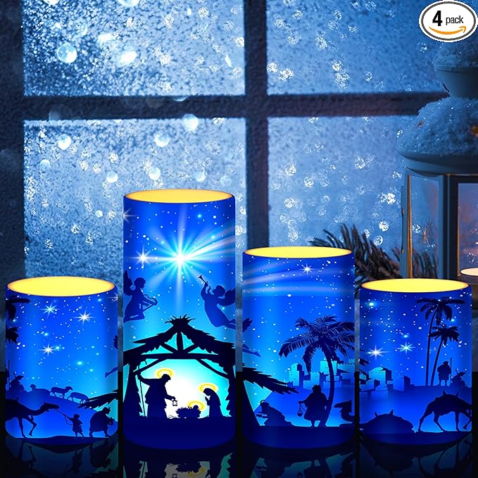 Tiamon Christmas Nativity Scene Candles LED Religious Theme Flameless Candles Battery Operated LED Warm Light Flickering Pillar for Xmas Holiday Table Decorations (Romantic)