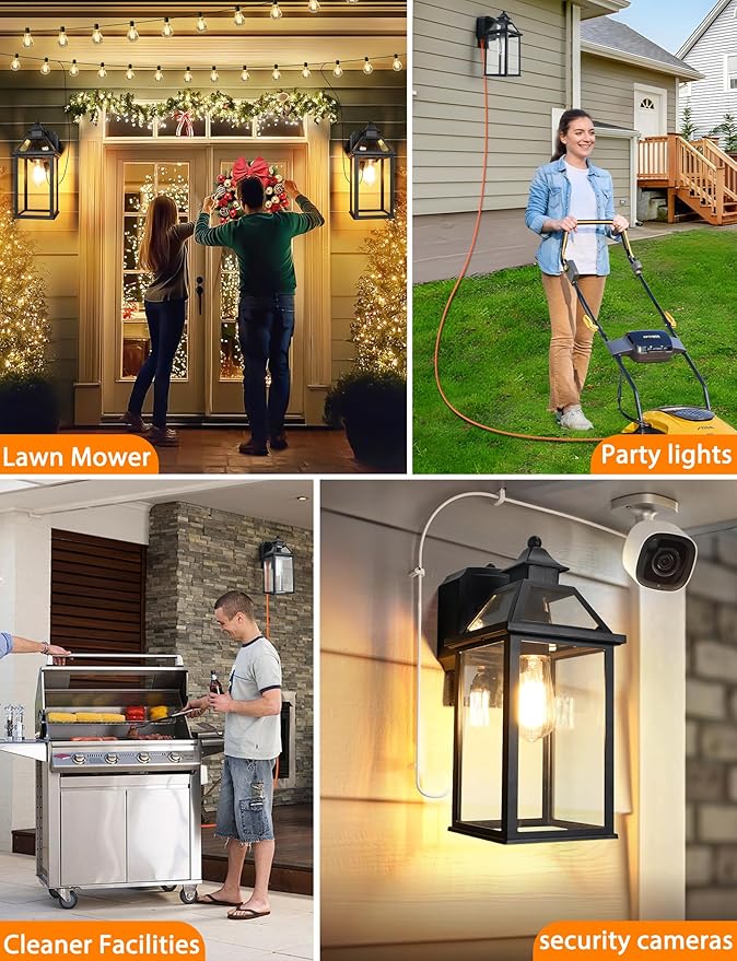 Porch Light with GFCI Outlet, 14'' Large Dusk to Dawn Outdoor Lights for House, Waterproof Exterior Lighting Fixtures, Black Anti-Rust Outside Wall Mount Sconce for Patio Front Door Entryway, E26