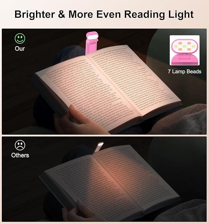Gritin Reading Light,Book Light for Reading in Bed-Eye Caring 3 Colors, 5-Level Dimmable Brightness,Long Lasting, Compact Size Rechargeable Clip on Book Reading Light for Book Lovers-Rose