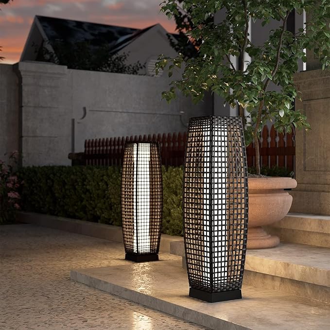 Grand patio Solar Outdoor Floor Lamp Water-Resistant Wicker Deck Lantern Light for Garden or Porch-Large Fuji, Dark Brown