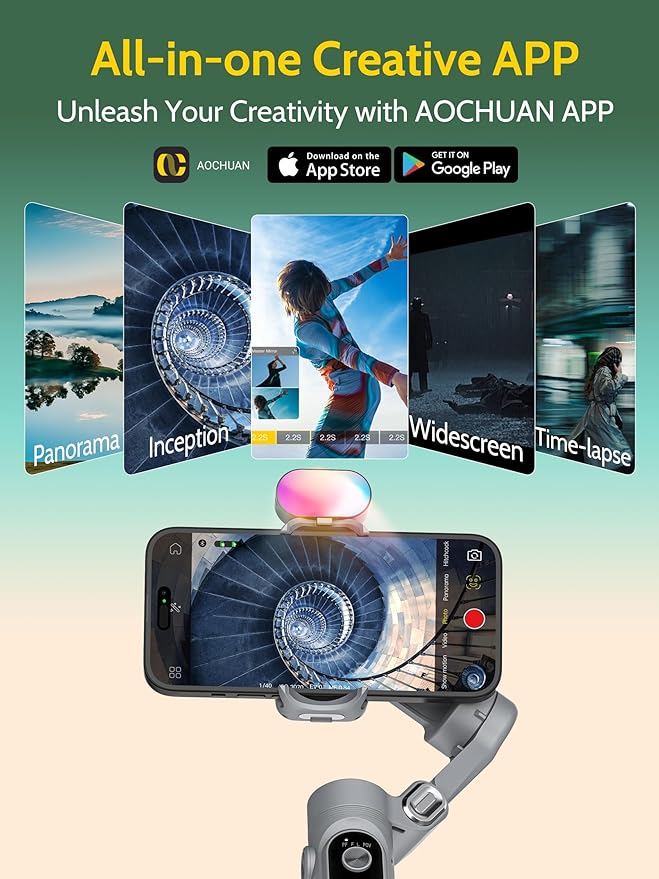AOCHUAN 3-axis Gimbal Stabilizer for Smartphone w/ 1/4 Thread Foldable Phone Stabilizer for Recording, Built-in Fill Light, Smartphone Gimbal w/RGB Light for iPhone 15/14 Vlogging(Smart X Kit Grey)