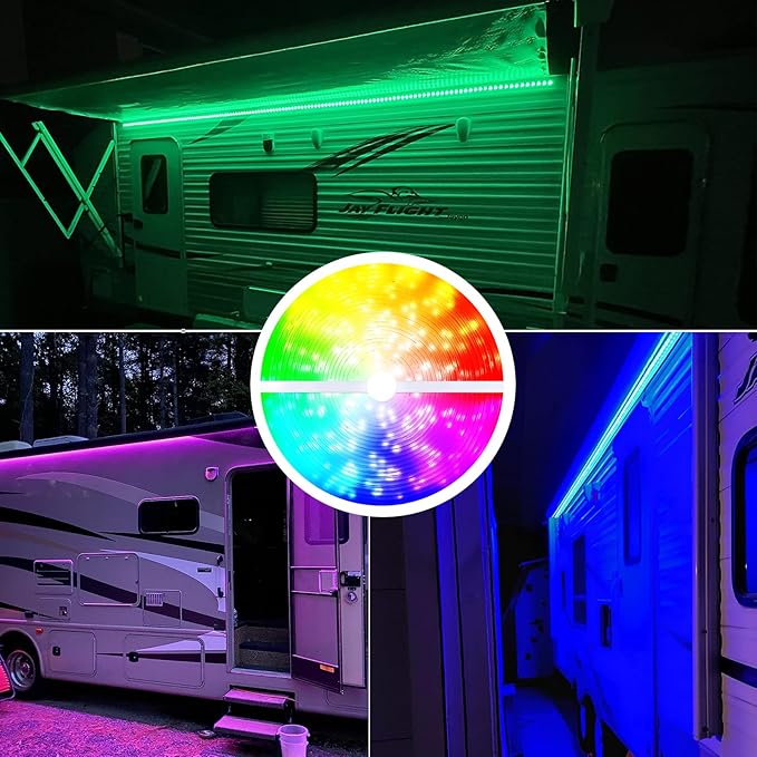 RV Awning Lights, 12V 50FT RGB RV Camping Awning Lights, IP68 Waterproof，RV Exterior Strip Lights for Motorhome Travel Trailer Canopy Party, Stands Food Trucks