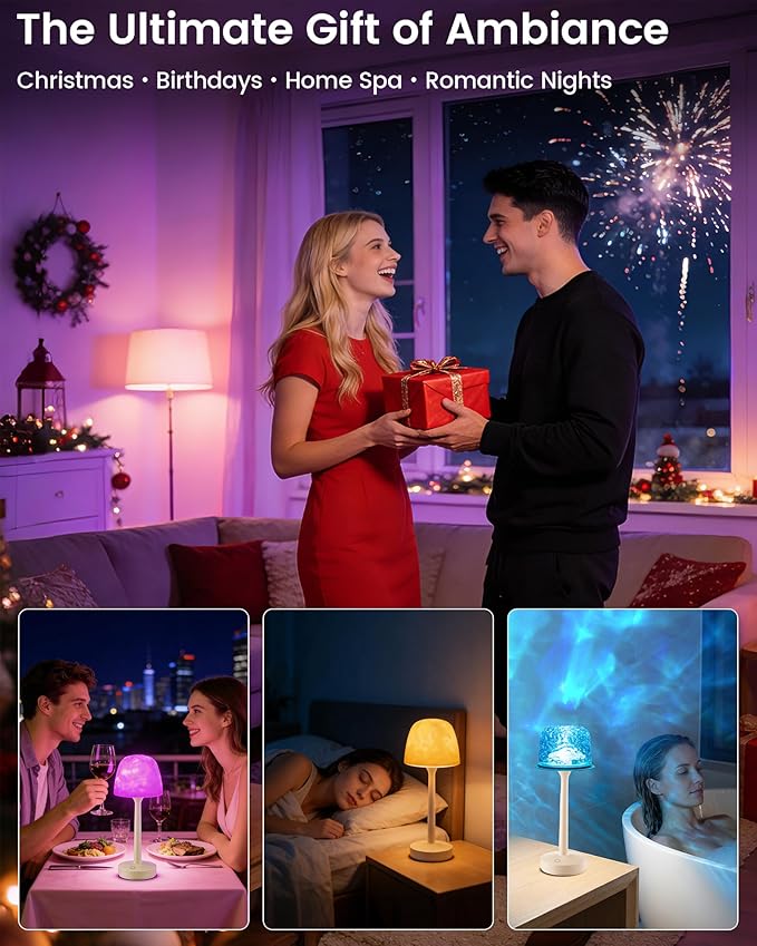 Waterproof Shower Lamp with Ocean Wave Projector for Bathroom, Cordless Rechargeable Bath Light with 16 Color Changing,Table Lamp with Soft 360˚Glow for Bathtub, Night Shower & Relaxing Dating