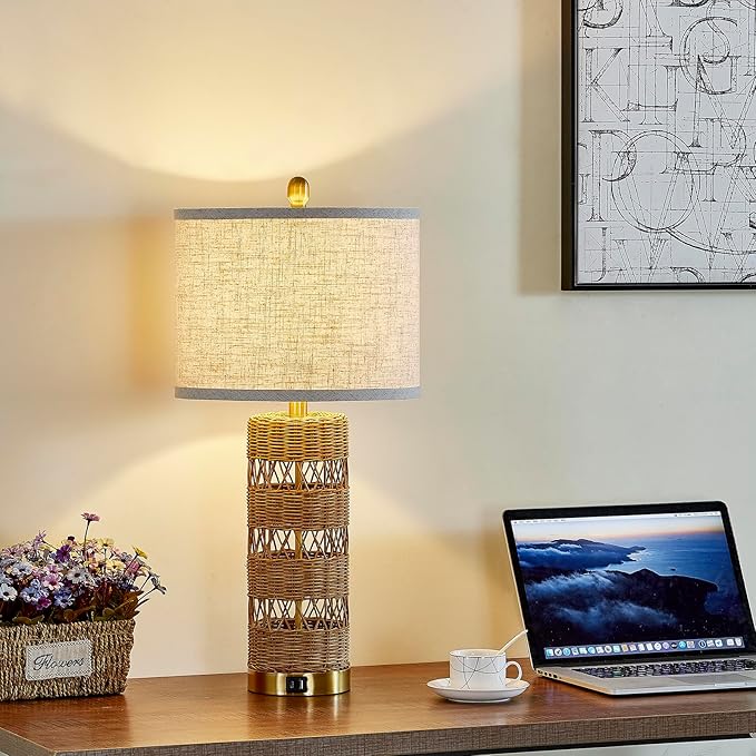 Boho Rattan Stylish & Functional & Versatile Decor USB Table Lamps Set of 2-28" Farmhouse Bedside Lights,Bulbs Included