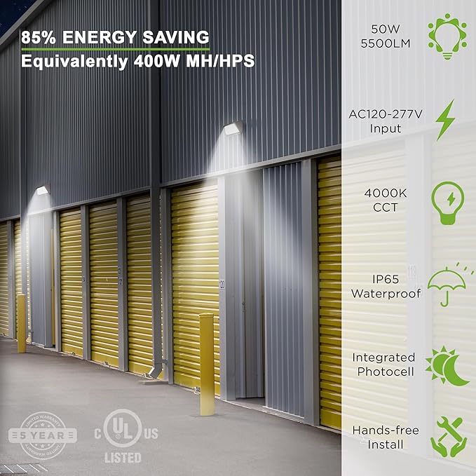 TIERONE 50W LED Wall Pack Light Dusk to Dawn Photocell Outdoor Commercial Security Area Lighting Fixture UL Listed 5500LM 4000K Daylight 400W HPS/HID Equivalent IP65 Waterproof 120-277V 4PACK