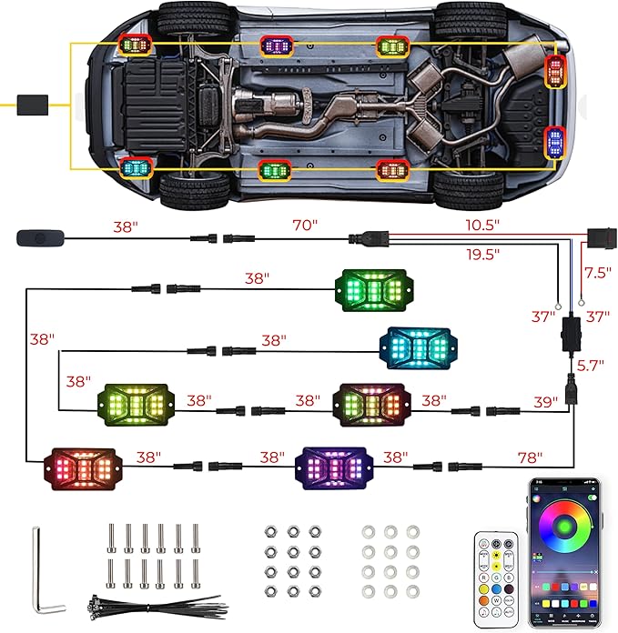 6 Pods Full Angle RGB Rock Lights Compatible with 12V Trucks Jeep UTV SUV ATV Boat Golf Cart, Waterproof Multi-Color, App/Remote Control Led Rock Lights with Music Mode