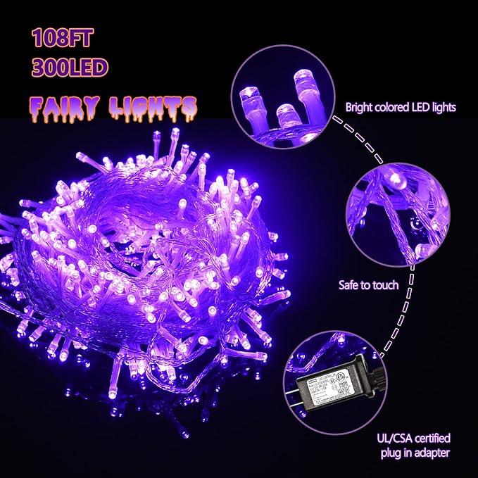 ILLUMINEW 300 Led Purple Outdoor String Lights, 108 Ft Halloween Decor with 8 Modes, Waterproof Plug in Fairy Lights for Bedroom Yard Wedding Room Decor