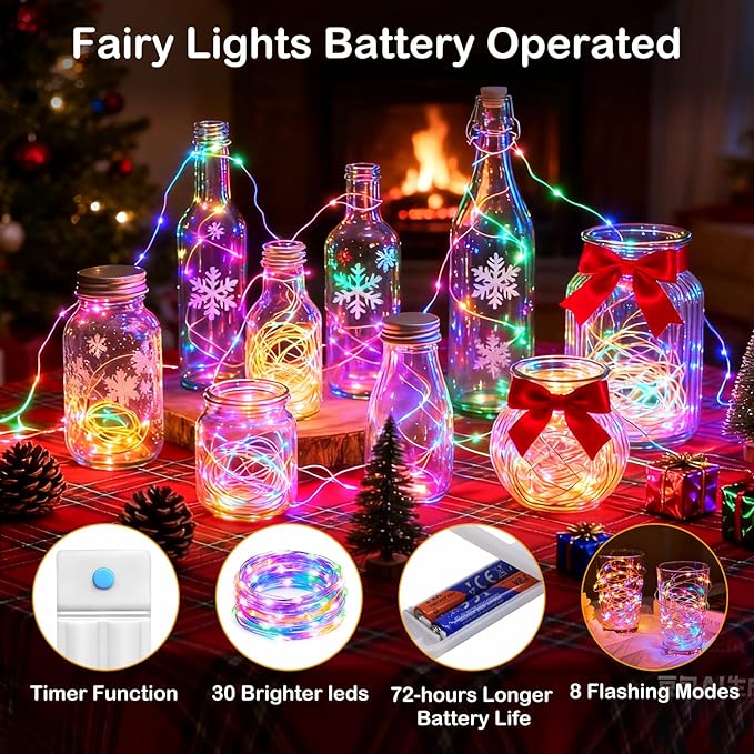 ZNYCYE 10 Pack 10 ft 30 LED Mason Jar String Lights 8 Modes with Timer Waterproof Fairy Lights Upgraded Battery（Included Operated for DIY Wedding Party Mason Jar Christmas Decorations (Multi-Color)