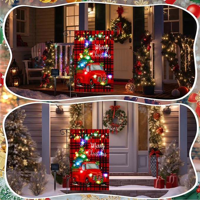 VIHOSE Merry Christmas Lighted Garden Flag 8 Modes Solar Red Truck Christmas Garden Flag LED Double Sided Xmas Tree Red and Black Checkered Yard Banner for Outdoor Lawn Decoration