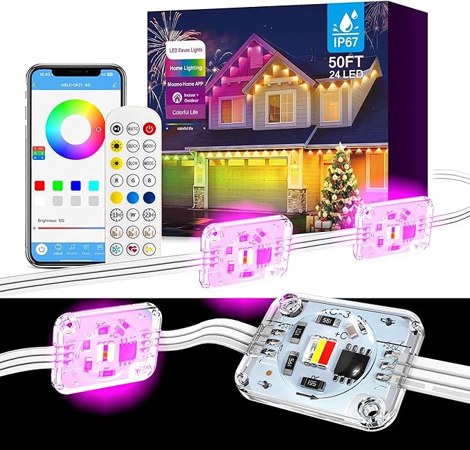 Permanent Outdoor Lights for House, 50ft 24 RGB+IC Smart Outdoor Decor, 50 Scene Modes, App/Remote Control, IP68 Waterproof