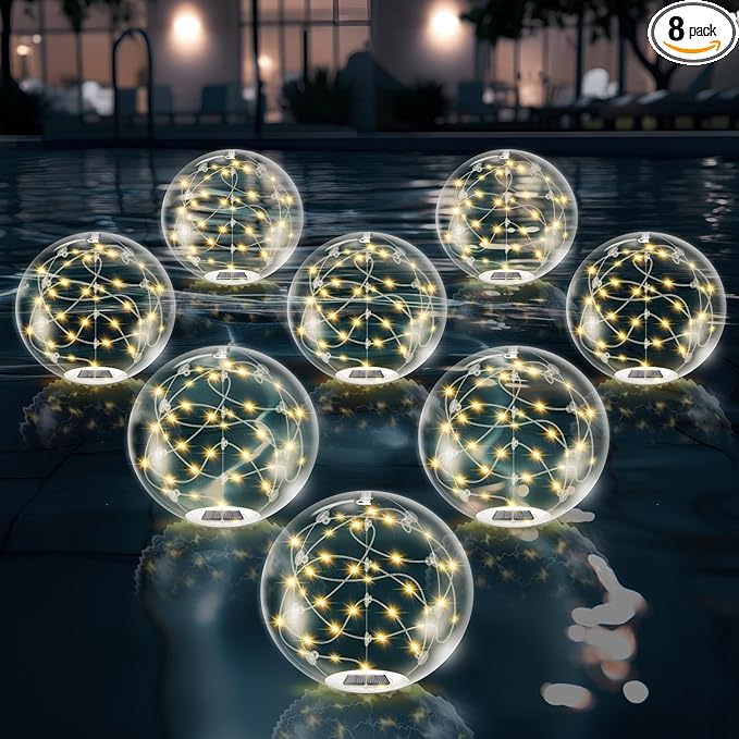 Floating Pool Lights Solar Powered,14 Inch 3000K Warm White Inflatable Glow in The Dark Balls,IP68 Waterproof Led Light up for Inground Pool,Christmas Decorations Outdoor Ornaments