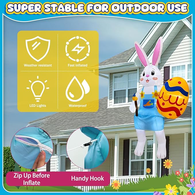 8FT Easter Inflatables Outdoor Decorations Sitting Inflatable Bunny Decor, Inflatable Eggs Decor with LED, Easter Blow Ups for Outside Roof Yard Shop Garden