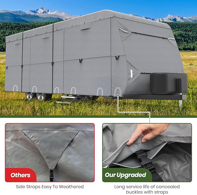 XGear Windproof Upgraded RV Cover Travel Trailer Cover, Extra-Thick 5 Layers Anti-UV Top, Rip-Stop with 2PCS Extra Straps (5 Layer/Travel Trailer Cover, Fits 16' - 18')