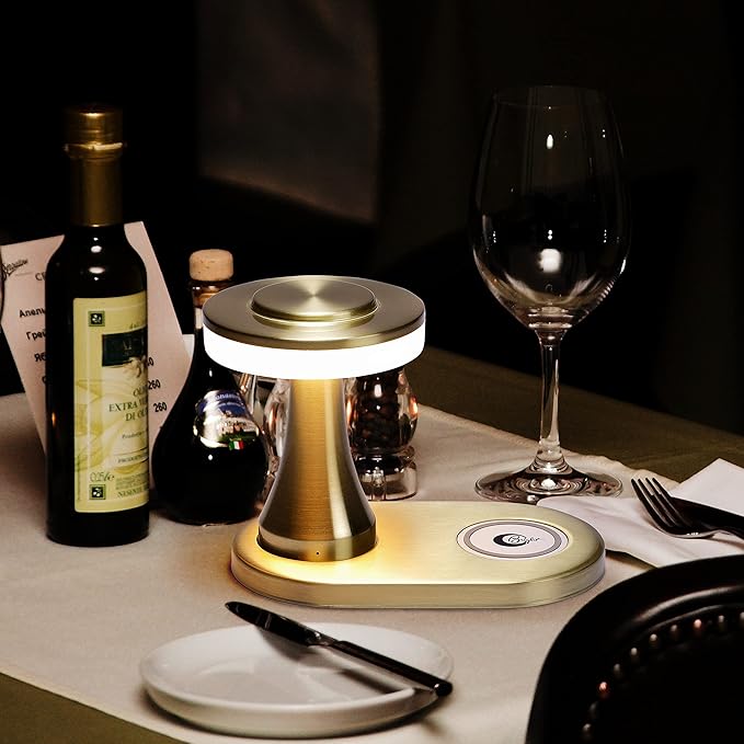 O’Bright - Portable LED Table Lamp with Wireless Charging Pad, Dimmable and Rechargeable Night Lamp, Ambient Light for Patio/Restaurant/Nursery, Bedside Nightstand Lamp, Gold