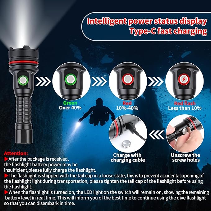 14S 2000 Lumens Underwater Flashlight with Hook and Loop Straps - 6 Modes Super Bright Diving Torch, USB-C Rechargeable, IP68 328FT for Dive Light Scuba Diving, Night Diving & Snorkeling