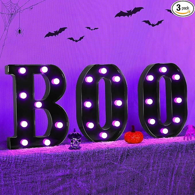 Halloween Decorations Indoor - Boo 3 Pack LED Light Up Hanging Letters Black Boo Signs Light for Indoor Halloween Decor Home Table Party Wall Mantel Fireplace Bedroom, Purple Lights