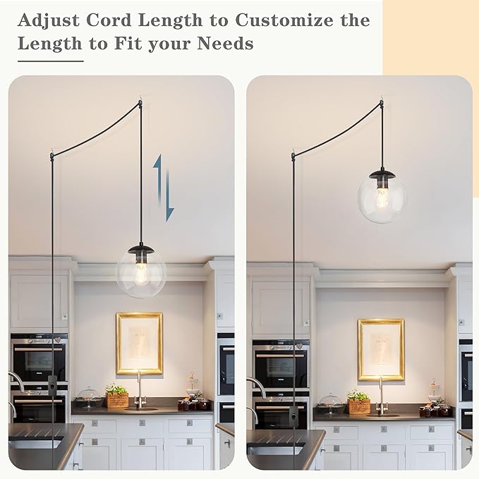 KoKo&Yukina 8" Globe Pendant Light Black Plug in Pendant Light Adjustable Hanging Lights with Plug in Cord Matte Black Finished with Clear Glass Lampshade for Bedroom Kitchen Island（Bulb Included）