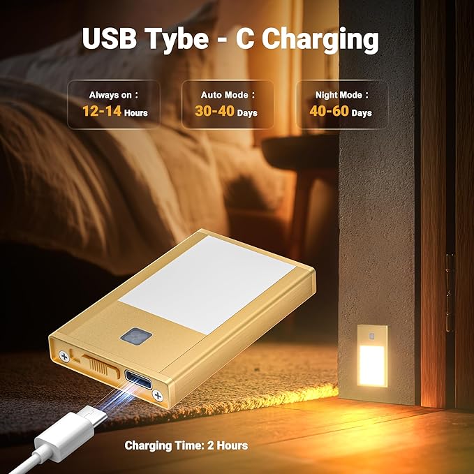 V4light Rechargeable Motion Sensor Night Lights, 4-Pack - Brushed Gold Aluminum Alloy, Ultra-Compact Magnetic Mount, 3000K Warm White Glow, Ideal for Hallways, Bedrooms, Stairs & Nightly Use