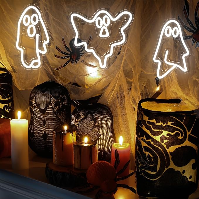 Treela 3 Pcs Halloween Ghost Neon Signs Halloween Neon Window Lights LED Sign Ghost Face Decorations USB Powered Light up Sign for Part Bar Room Wall Decor