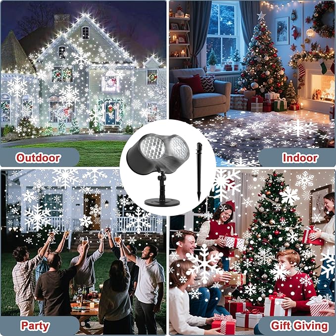 Christmas Snowflake Projector Lights Outdoor, Rotating Double Head Snowflake Light, Waterproof Snowfall LED Lights, Snow Lamp for Indoor Outdoor Christmas Party Garden Decorations (White Snow)