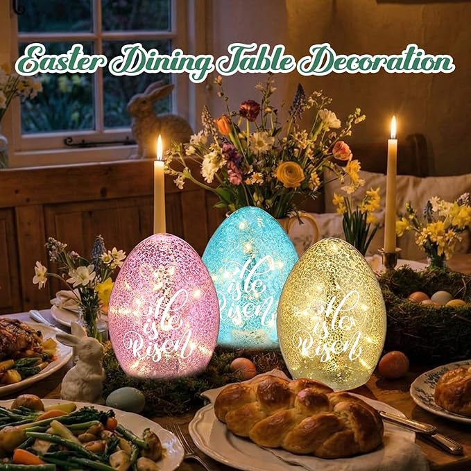 3 Pack Easter Egg Light Decorations, He is Risen Table Centerpiece Lights with Timer Mercury Glass Egg Lamps, Spring Easter Decorations Indoor, 6 Inch Lighted Eggs for Home Decor Battery Operated