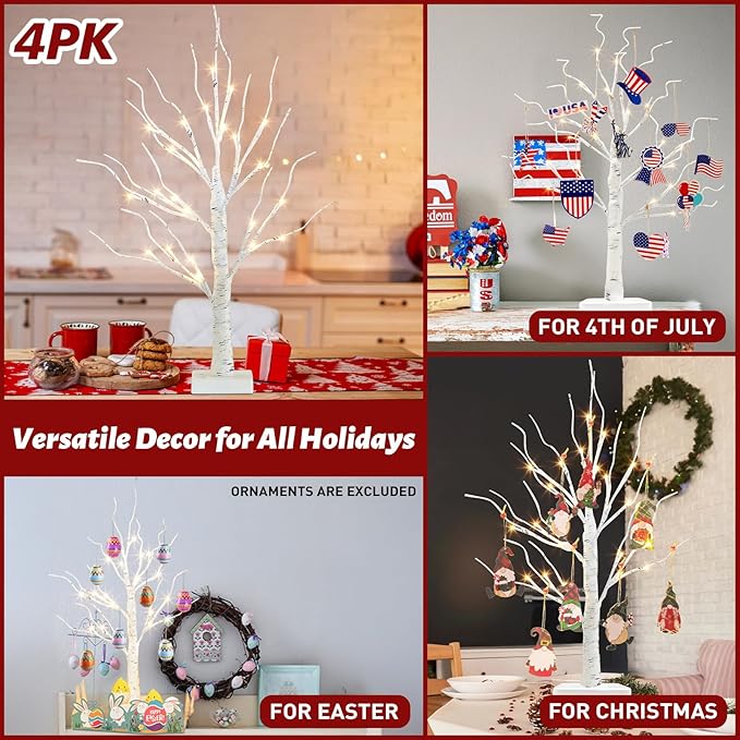 PEIDUO Easter Decorations for The Home, 2FT Easter Tree with LED Lights, Warm White Tree Lamp, Fairy Light Spirit Tree for Room Inside Fireplace Decor, Battery Powered, Timer (4PK)