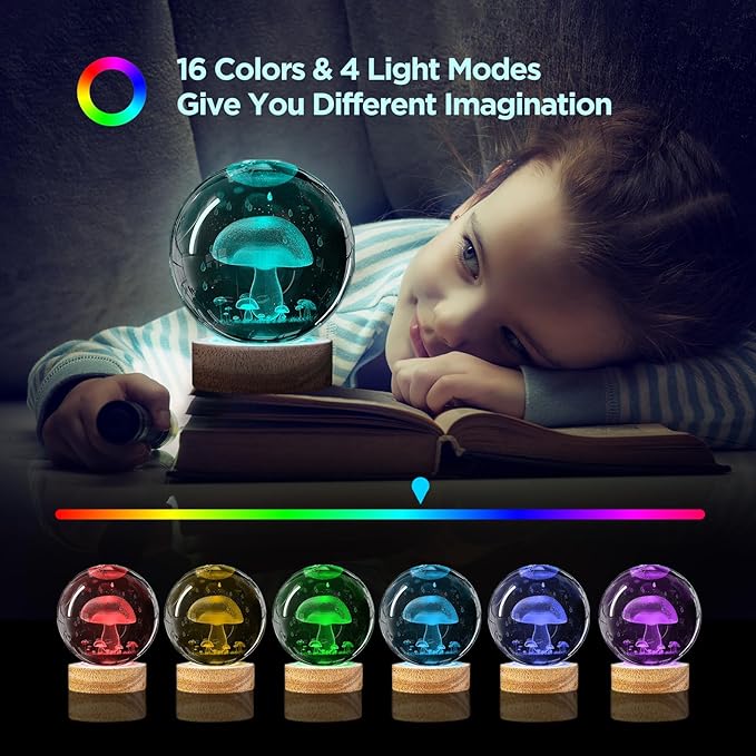 3D Crystal Ball Night Light with Remote - Upgraded 3.15 in Mushroom Glass Ball Lamp with 16 Color Wooden LED Base Cute Room Table Lamp Decor Gifts for Kids, Teens, Women
