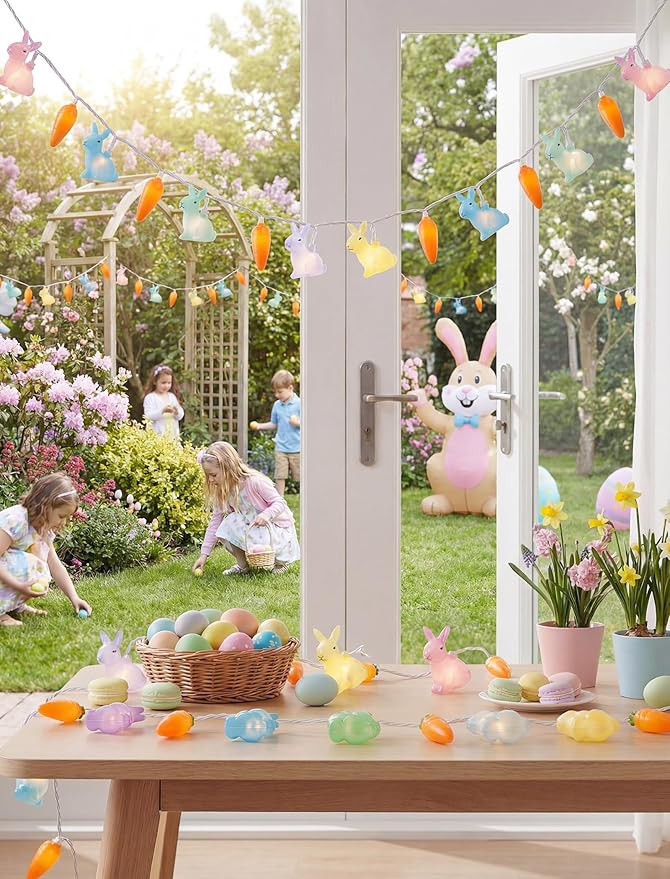Easter Bunny Carrot String Lights, 8.5Ft Plug in Fairy Lights with 10 LED Rabbit and Carrot Lights, Cute Spring Decor for Home Bedroom Garden Party Indoor Outdoor Decorations