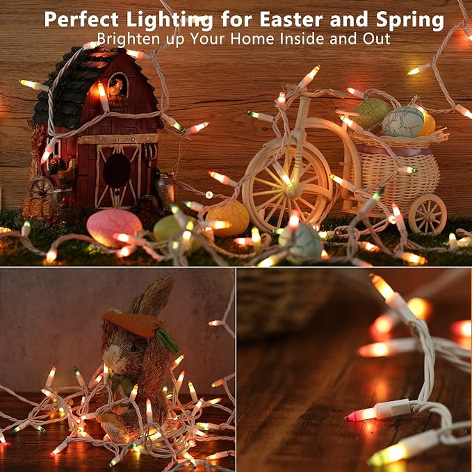 Brizled Easter Lights, 150 Count 34.8ft Incandescent Pastel String Lights, Connectable Outdoor Easter Light String, 120V UL Certified Plug-in Pastel Light for Easter, Indoor, Bedroom Decor, White Wire
