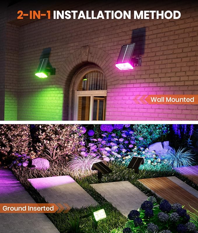 Solar Spotlights Focus Lights Outdoor Waterproof IP65,Multicolor,RGB,4 Pack,6 Color,2 Lighting Modes,105°Adjustable 58 LED Spot Lights Solar Prowered Flood Light for Yard/Landscape/Garden/House