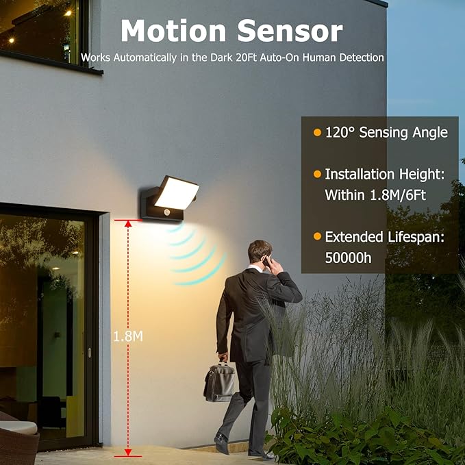 Motion Sensor Outdoor Light Black 350 °Rotatable 18W 1980LM Modern Porch Light IP65 Waterproof Wall Sconce for Outside 3000K Warm White Patio Light for Entrance Doorway House Gardern Garage