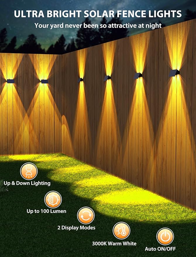 Solar Fence Lights,8Pack Solar Lights Outdoor 2700/4500/6000K 3 Mode Up & Down Solar Wall Lights Waterproof 100 Lumens Solar Powered Fence Light for Backyard/Pool/Railing/Patio/Porch/Step