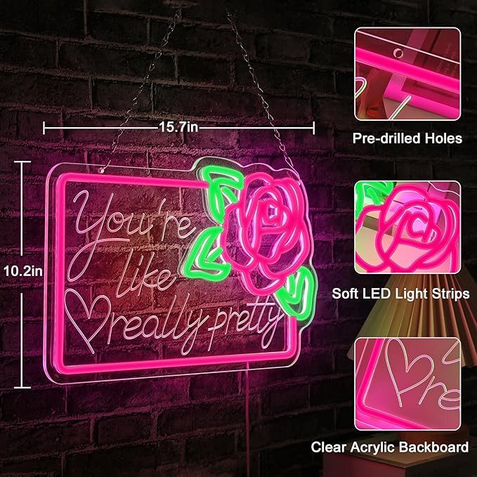 You're Like Really Pretty Neon Signs for Wall Decor,15.7X10.2 IN Pink Led Neon Light Sign Room Decor Aesthetic,Dimmable USB Powered Neon Lights for Teen Girls Bedroom,Wedding,Party,Dorm Decor