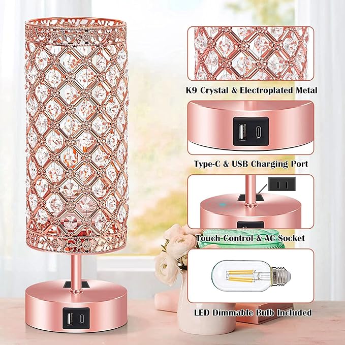 Rose Gold Crystal Table Lamp, Pink Desk Lamp Room Decor Touch Control Nightstand Night Light Girly Bling Lamps with 4 Charging Ports & Bulb Included for Home, Office, Living Room