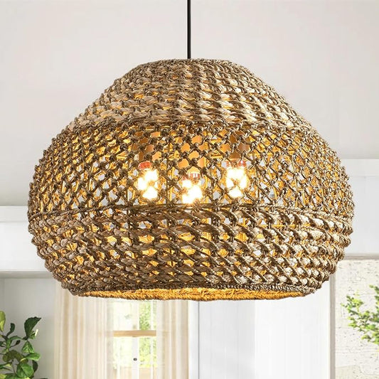 19.29” Large Rattan Pendant Light,3-Light Wicker Chandelier Light Fixture,Boho Kitchen Island Hanging Seagrass Rustic Lighting for Dining Room, Farmhouse,Foyer